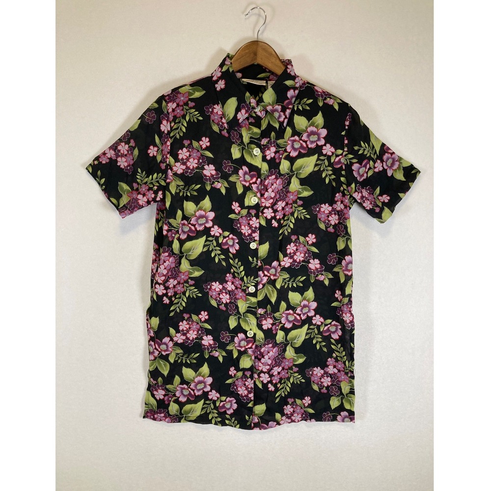 Cottagecore Kathie Lee Collection Womens Small Black Pink Floral Button Down Top